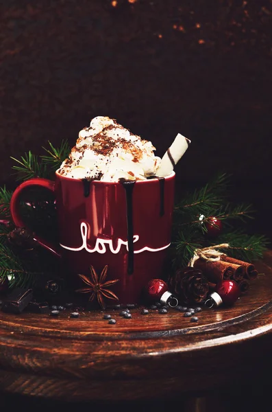 Sıcak Çikolata kremalı tarçın ve kakao tozu ile tepesinde — Stok fotoğraf