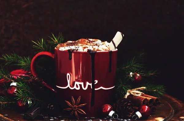 Decorazione natalizia con tazza di cioccolata calda, spezie e ramoscelli di abete — Foto Stock