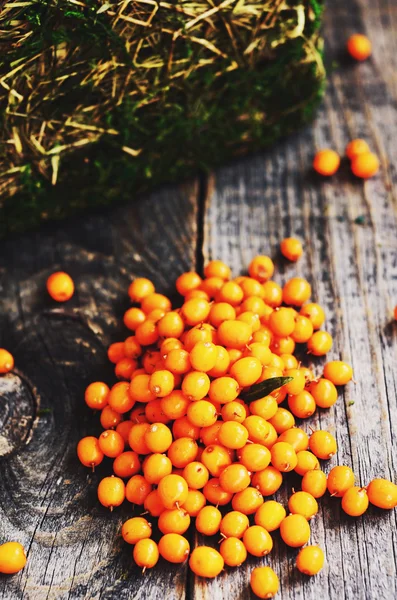 Mar-buckthorn fresco na mesa de madeira — Fotografia de Stock