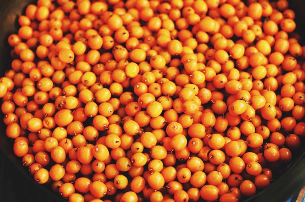 Fresh sea buckthorn in a bowl, top view — Stock Photo, Image