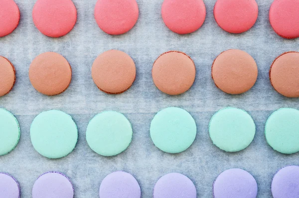 Lavender, mint, caramel and pink macaroon cups over baking paper — Stock Photo, Image