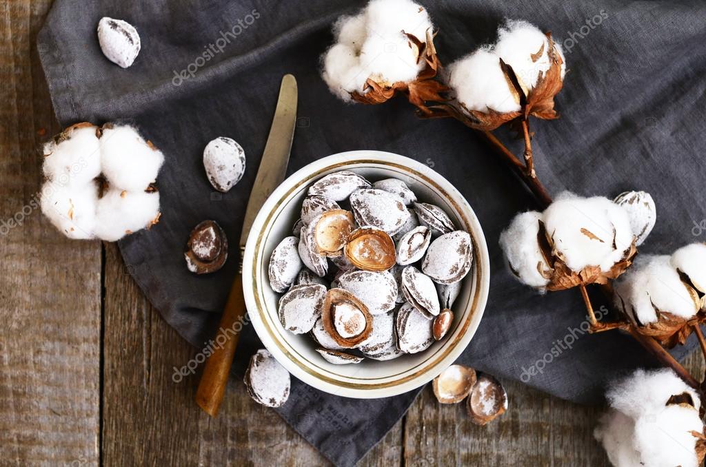 Decoration with salt apricot pits and cotton flowers