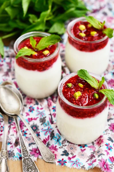 Deser domowe - jogurt z malin i pistacji w szklanych słoików — Zdjęcie stockowe