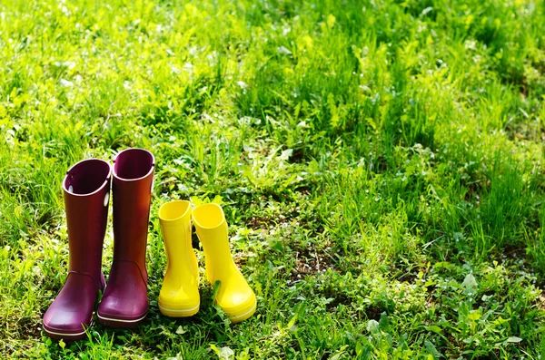 Stivali in gomma per donna e bambino in giardino estivo — Foto Stock