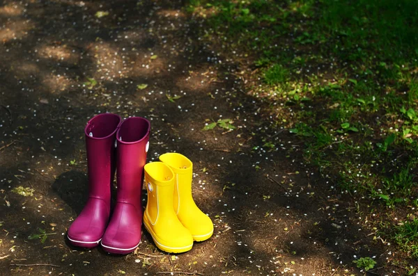 Rubber boots for woman and child in the garden — Stock Photo, Image