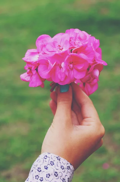 彼女の手にピンクのアジサイの花の花束を持つ女性 — ストック写真