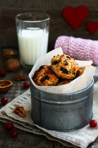 Домашнее овсяное печенье с орехами, изюмом и сушеной клюквой — стоковое фото