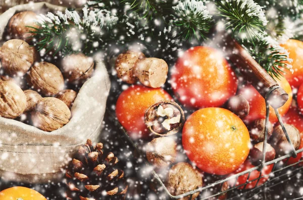 Kerstdecoratie met mandarijnen, xmas boom, noten en sneeuw — Stockfoto