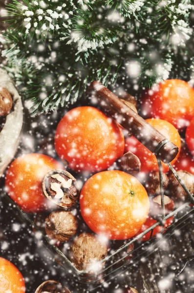 Christmas decoration with tangerines, nuts, twigs and snowflakes — Stock Photo, Image