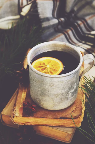 Tè caldo con limone in tazza di metallo, mucchio di libri e plaid a quadretti — Foto Stock