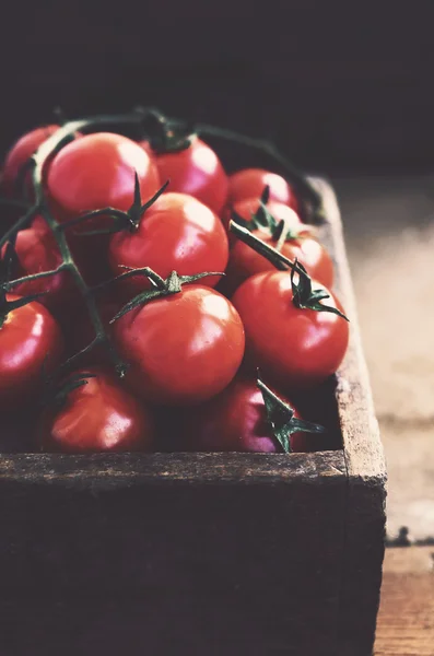 Zralé cherry rajčata v rustikální dřevěné bedně — Stock fotografie