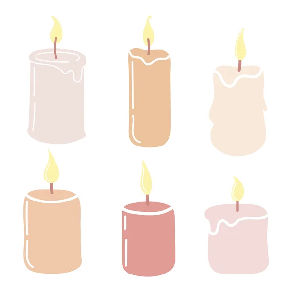 Conjunto de velas acesas. Ilustração vetorial desenhada à mão em estilo doodle. Design para cartões de férias, adesivos, impressão, Natal, Ano Novo — Vetor de Stock