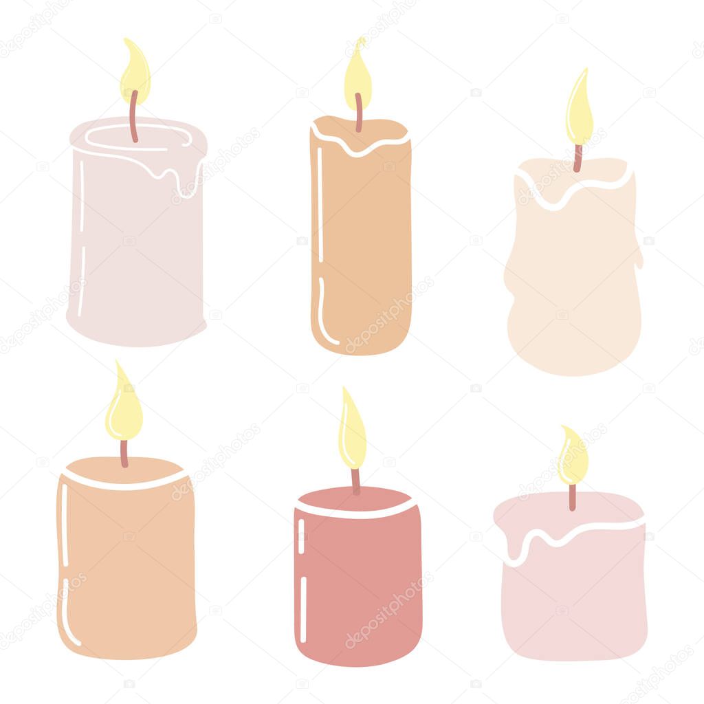 Set of burning candles. Hand-drawn vector illustration in doodle style . Design for holiday cards, stickers, print, Christmas,New Year