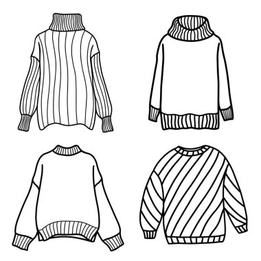 Beyaz arka planda örülmüş süveter ve kazaklar var. Doodle biçiminde vektör illüstrasyonu.