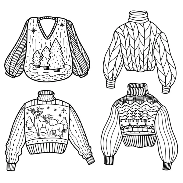 Set di maglioni e maglioni a maglia isolati su uno sfondo bianco. Illustrazione vettoriale in stile Doodle. vestiti invernali — Vettoriale Stock