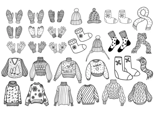 Kolekcja odzieży zimowej z dzianin. Wełniana odzież zimowa na drutach. Ilustracja wektora w stylu Doodle — Wektor stockowy