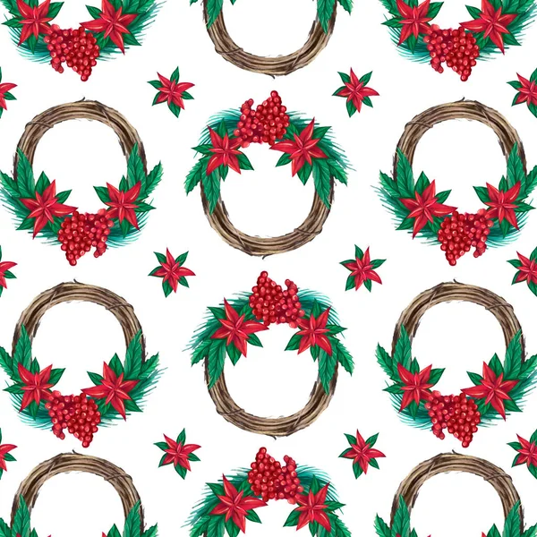 Рождественский акварельный венок бесшовный узор. Ручная иллюстрация. Дизайн для текстильной печати, оберточной бумаги — стоковое фото