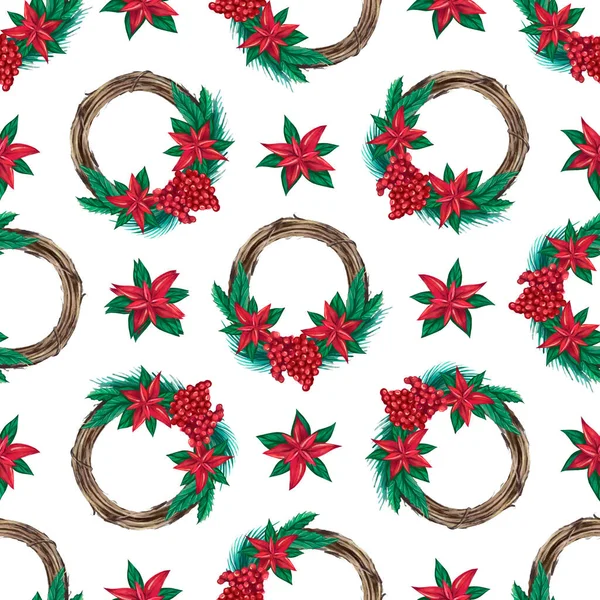 Christmas watercolor wreath seamless pattern. Hand-drawn illustration. Design for textile printing, wrapping paper — Stock Photo, Image