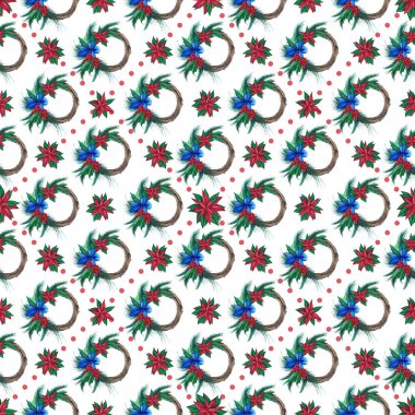 Noel suluboya çelengi kusursuz desenli. Elle çizilmiş illüstrasyon. Tekstil baskısı ve ambalaj kağıdı için tasarım