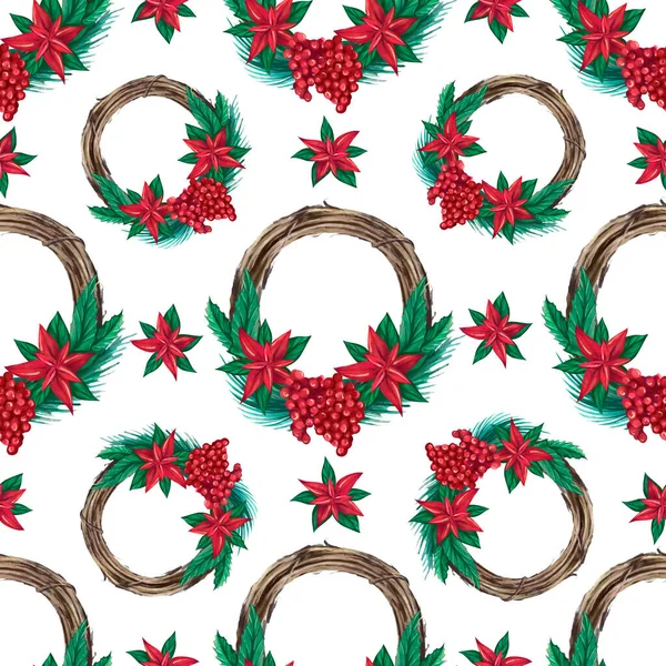 Christmas watercolor wreath seamless pattern. illustration in vintage style. — Stock Photo, Image