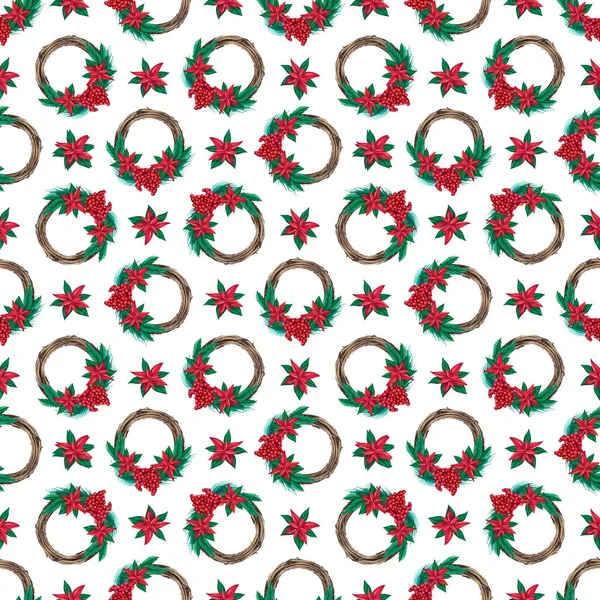 Weihnachten Aquarell Kranz nahtlose Muster. Handgezeichnete Illustration. Design für Textildruck, Packpapier — Stockfoto
