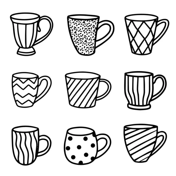 Samling av koppar isolerad på en vit bakgrund. Vektor illustration i Doodle stil. — Stock vektor