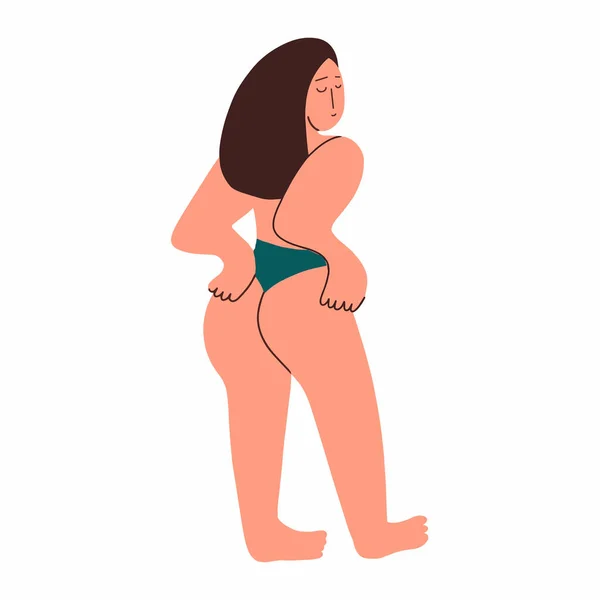 Model Plus rozmiar w bieliźnie. Dziewczyna o zakrzywionym kształcie pokazuje swoje ciało. Ciało pozytywne. Wektor płaska ilustracja — Wektor stockowy