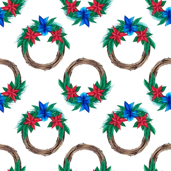 Christmas watercolor wreath seamless pattern. Hand-drawn illustration. Design for textile printing, wrapping paper — Stock Photo, Image