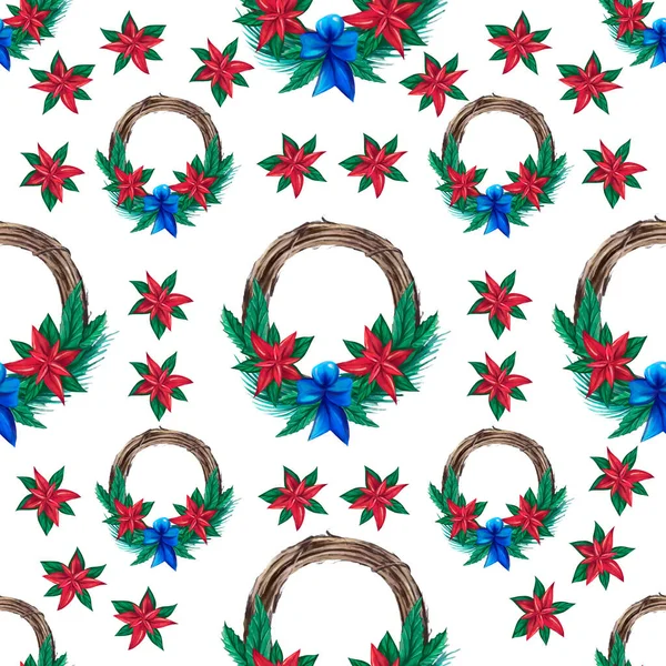 Christmas watercolor wreath seamless pattern. Hand-drawn illustration. Design for textile printing, wrapping paper — Stock Photo, Image