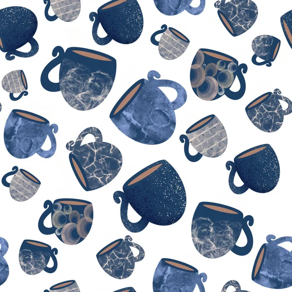 .Seamless pattern of ceramic mugs and cups on a white background — Stock Photo, Image