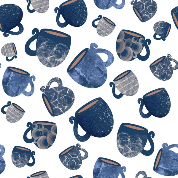 .Seamless pattern of blue mugs and cups. Design for kitchen accessories, towels — Stock Photo, Image