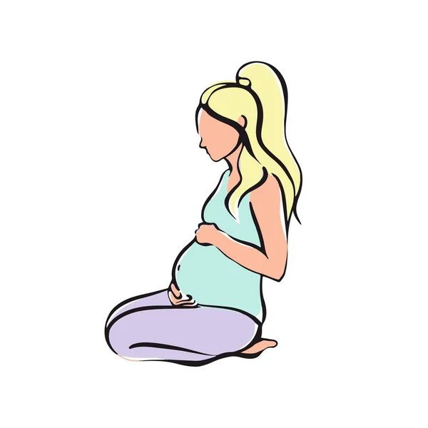 Těhotná dívka sedí a drží se na břiše. Ručně kreslená vektorová ilustrace — Stockový vektor
