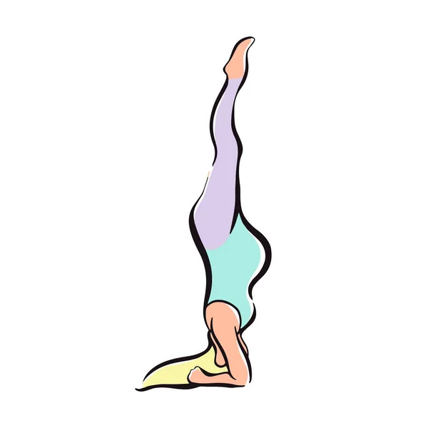 Une fille enceinte se tient sur sa tête en train de faire du yoga. Illustration vectorielle dessinée à la main — Image vectorielle