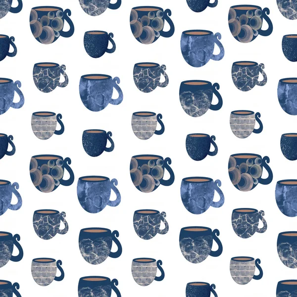 .Sömlöst mönster av blå muggar och koppar. Design för kökstillbehör, handdukar, dukar, servetter — Stockfoto