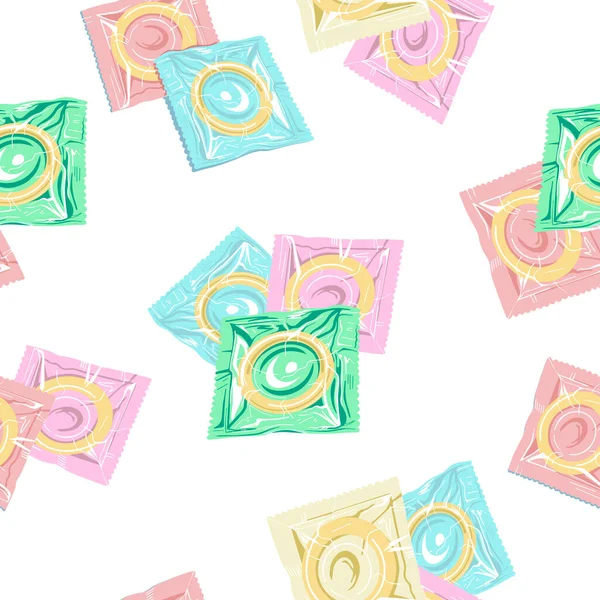 Kondom sömlöst mönster. Kondomer i förpackningar isolerade på en vit bakgrund.Säkert sex. Vektorillustration — Stock vektor
