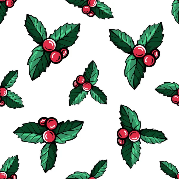 Motif sans couture de baies rouges de Noël.Motif de Noël Holly.Illustration vectorielle dessinée à la main — Image vectorielle