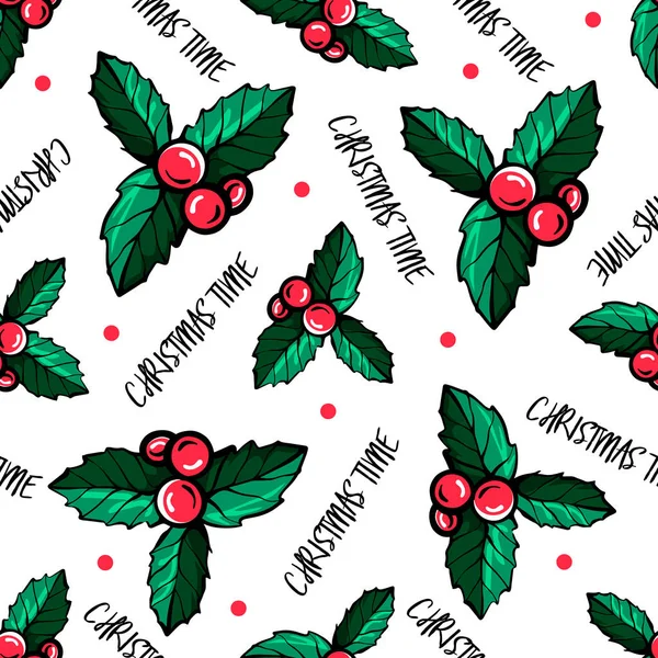Christmas red berries seamless pattern.Holly berries of Holly.Christmas pattern.Hand-drawn vector illustration — Stock Vector