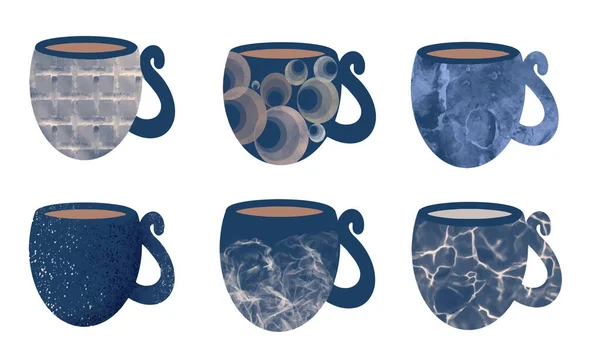 コーヒー、紅茶、ドリンク用のセラミックブルーカップとマグカップのセット。手描きベクトルイラスト — ストックベクタ