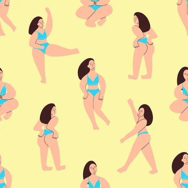 Körperpositive Mädchen nahtloses Muster. Ein kurviges Model zeigt ihren Körper. Vektorillustration — Stockvektor
