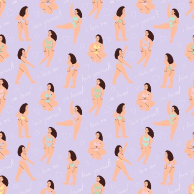 Vücut pozitifliği olan kızlar kusursuz. Kıvrımlı bir model vücudunu gösteriyor. Vektör illüstrasyonu