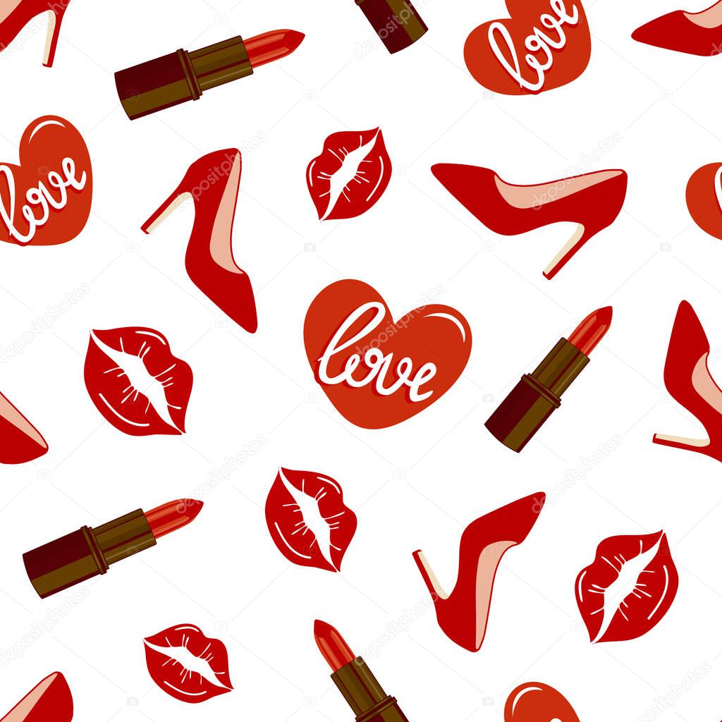 pattern with women s shoes, lipstick, kisses