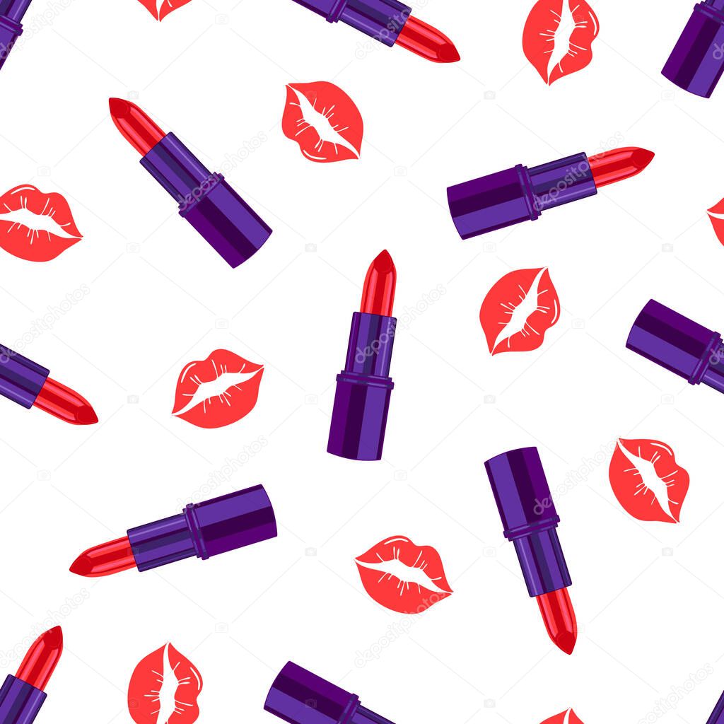 Glamorous fashion pattern with lipstick and kisses.Cosmetic seamless pattern. Design for the beauty industry, advertising, Valentines Day