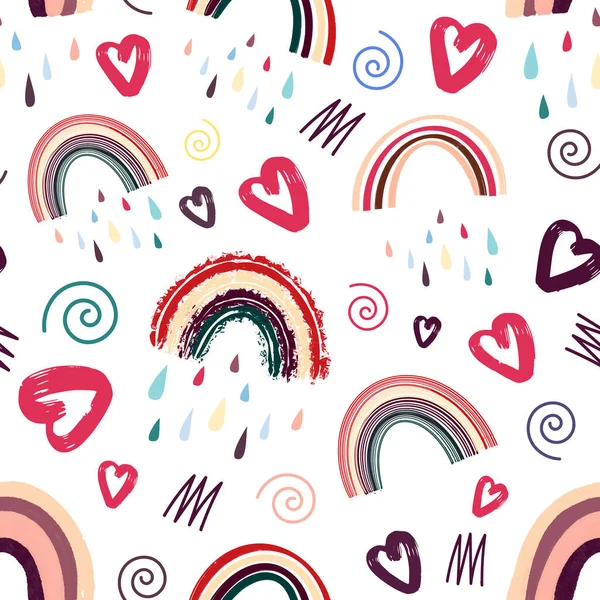 Lindo arco iris y corazones patrón sin costuras. Patrón romántico para el día de San Valentín. Vector — Archivo Imágenes Vectoriales