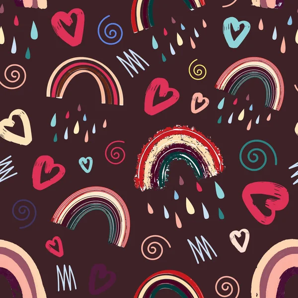 Lindo arco iris y corazón romántico patrón sin costuras. Patrón brillante para el Día de San Valentín. ilustración en un estilo escandinavo de moda. Vector — Archivo Imágenes Vectoriales