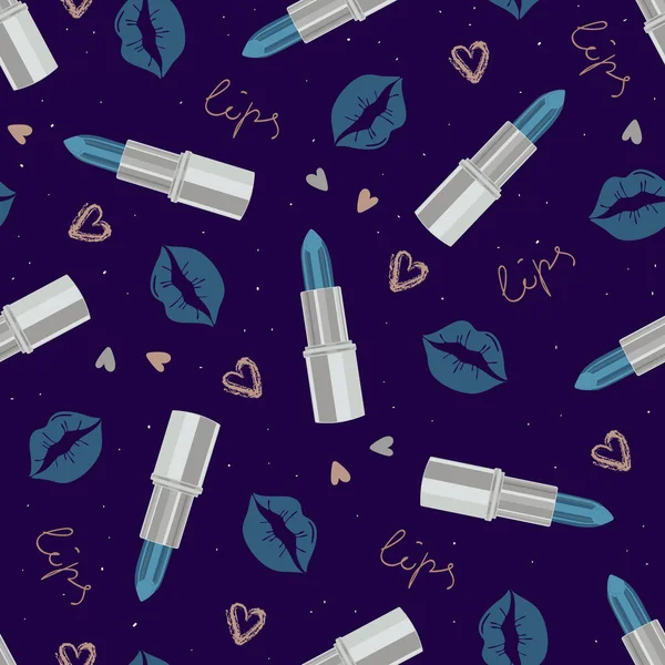 Glamoureuze mode naadloos patroon met lippenstift en kusjes in koele zilveren tinten. Cosmetisch naadloos patroon in moderne modieuze kleuren. Ontwerp voor schoonheid, reclame, Valentijnsdag. Vector — Stockvector