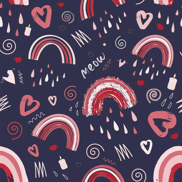 Lindo arco iris y corazón romántico patrón sin costuras. Patrón brillante para el Día de San Valentín. ilustración en un estilo escandinavo de moda. Vector — Archivo Imágenes Vectoriales