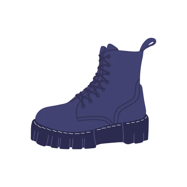 .Wanita sepatu renda kulit biru. Fashionable sepatu dalam gaya militer. Musim gugur, musim dingin atau sepatu musim semi. Ilustrasi vektor datar dalam gaya kartun - Stok Vektor