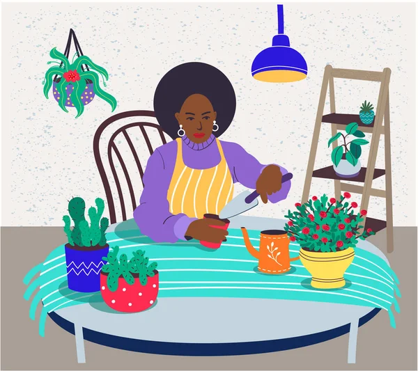 Μια γυναίκα με μαύρο δέρμα φροντίζει τα φυτά εσωτερικού χώρου.Μια Αφροαμερικανή καλλιεργεί φυτά εσωτερικού χώρου. Διανυσματική επίπεδη απεικόνιση — Διανυσματικό Αρχείο