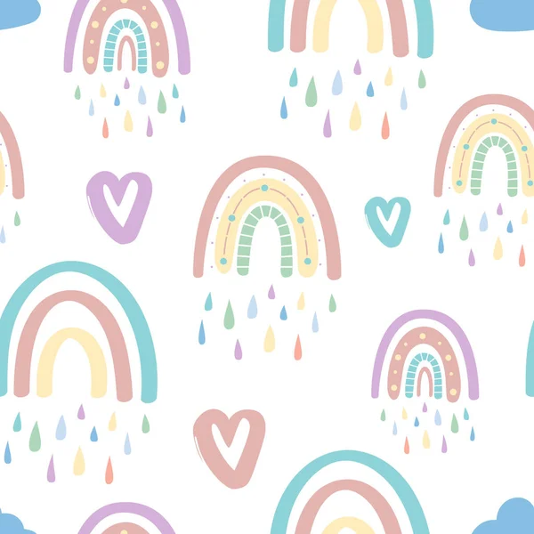 Lindo arco iris y corazones patrón sin costuras. Patrón romántico para el Día de San Valentín. Ilustración creativa para niños en un estilo escandinavo de moda. Vector — Archivo Imágenes Vectoriales