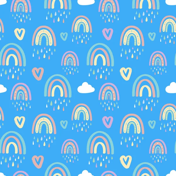 Regenbogen mit Wolken und Herzen auf blauem Hintergrund mit nahtlosem Muster. Niedliches Kindermuster. Vektorillustration. Valentinstag. — Stockvektor